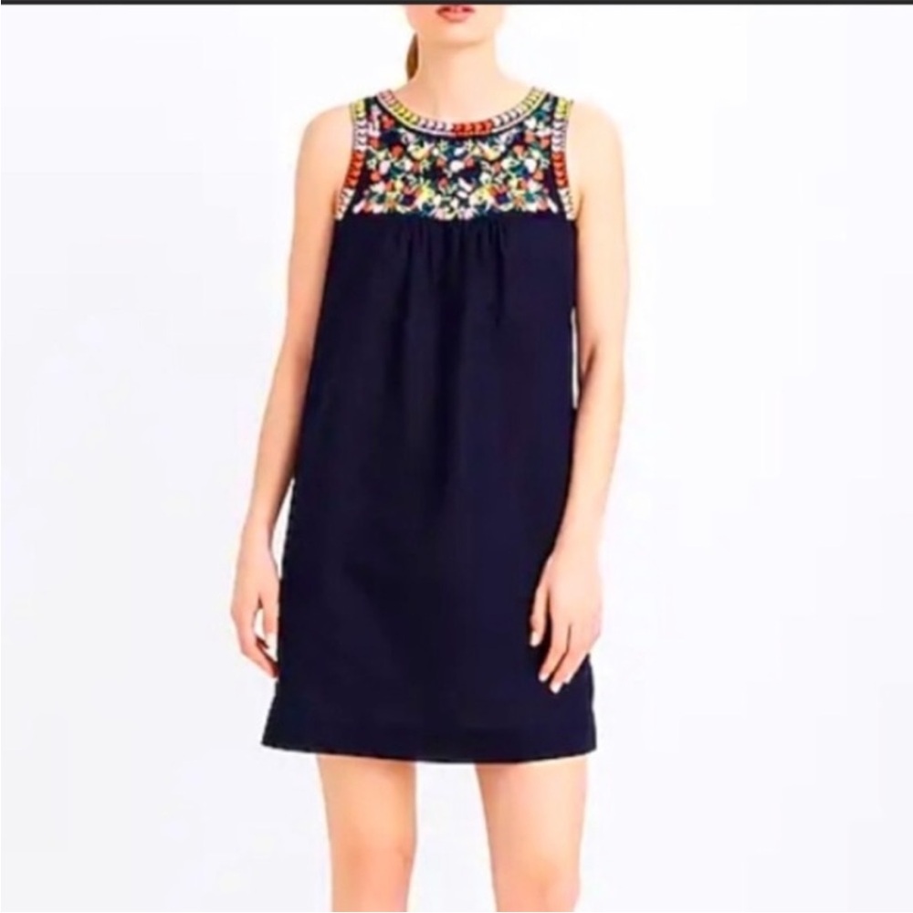 J Crew Embroidered Sleeveless Navy Dress